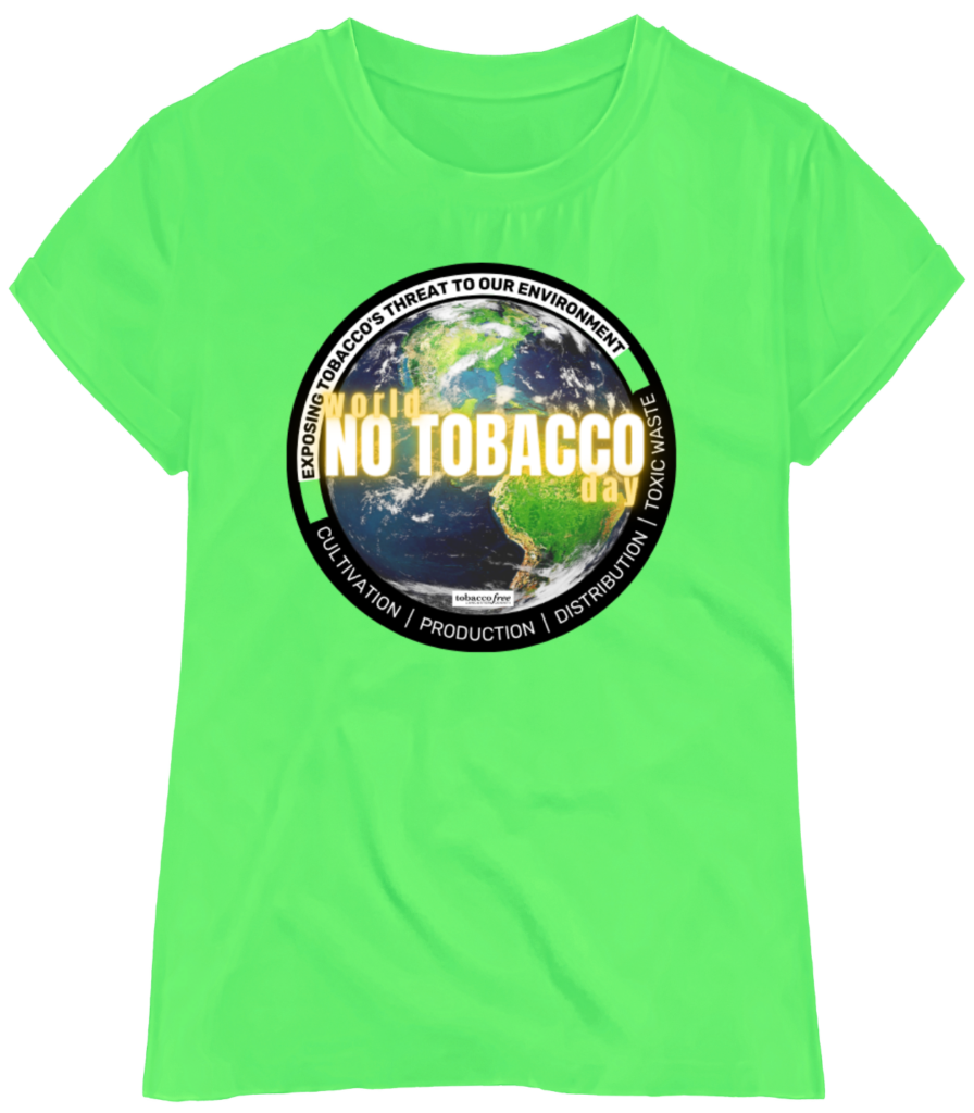 World No Tobacco Day logo shirt. Lime green t-shirt with large center logo. 